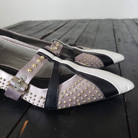 Zara Woman Pointed Toe Ballerina Flats Kitten Heel Grey White Black Gold Studs - Picture 12 of 12